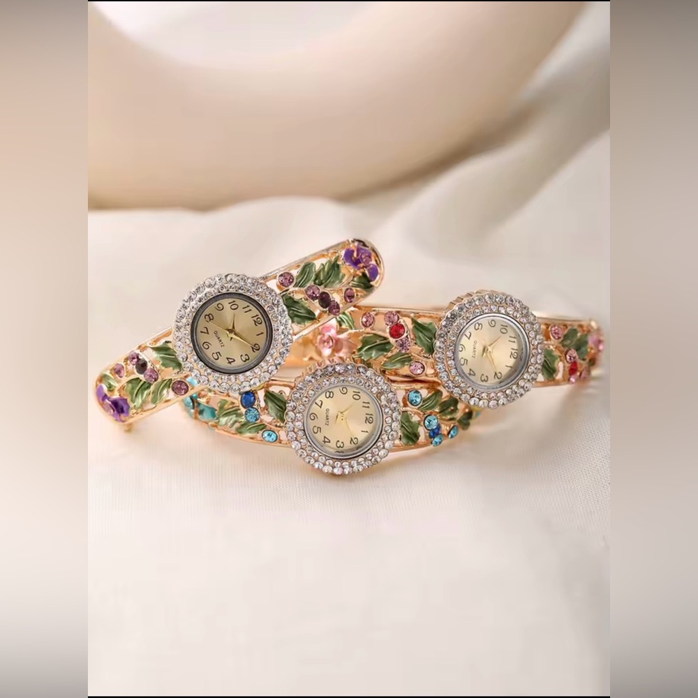Floral Gold-Tone Bangle Quartz Watch with Rhinestones